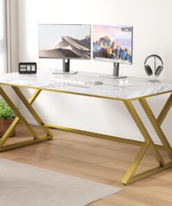 LVB Escritorio blanco y dorado, escritorio de madera sintética de mármol para computadora, mesa ejecutiva de estudio moderna para escribir juegos, escritorio simple de metal con almacenamiento para