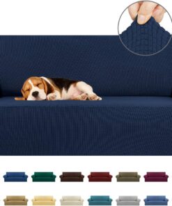 KEKUOU Funda elástica para sofá de 2 plazas, Protector de Muebles con Parte Inferior elástica para niños y Perros. Jacquard a Cuadros pequeños (M, Azul Marino)