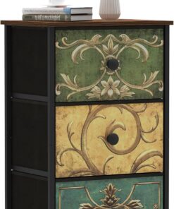 VEDECASA Cómoda de 3 cajones de tela para dormitorio, mesita de noche estrecha, unidad de almacenamiento para armario, dormitorio, sala de estar, marco de metal resistente a la mitad, parte superior