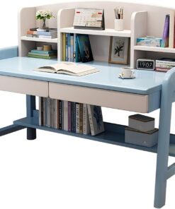 Escritorio de Madera Maciza con estantería - Banco de Trabajo for Oficina en casa con cajón, Mesa de Estudio for computadora portátil(Blue,100 * 60 * 112CM)