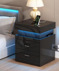 ChooChoo Mesita de noche LED con estación de carga y almacenamiento deslizante | Mesita de noche con 2 cajones de almacenamiento deslizante, de alto brillo, moderna para dormitorio, color negro