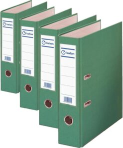 Archivador 2 Anillas Kalon - Tamaño Folio 29x35 cm, Lomo Ancho 7 cm con Tarjetero Personalizable, Capacidad 520 Hojas, Palanca de Apertura Suave, Forrado Anti Golpes y Rallones - Verde (Paquete de 4)