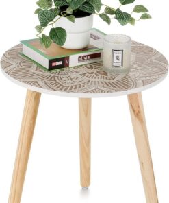 Hanobe Mesas auxiliares redondas pequeñas para decoración de mesa auxiliar, modernas mesas de café blancas para sala de estar, bandejas decorativas con 3 patas de madera, fácil montaje