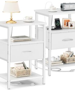 Vagusicc Juego de 2 mesitas de noche con estación de carga, mesa auxiliar de cama con cajón, mesa auxiliar con estante de almacenamiento para sala de estar, mesitas de noche altas, mesita de noche