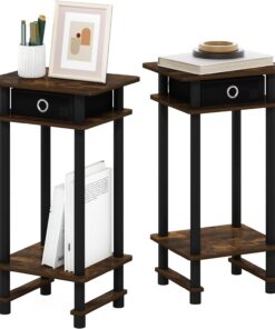 Furinno Turn-N-Tube Alta, Mesa Auxiliar, mesita de Noche con contenedor, Madera de ingeniería, Ámbar Pino/Negro/Negro, Paquete de 2