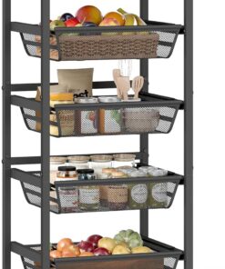 VASAGLE Carrito de Almacenaje de 5 Niveles, con Cestas Extraíbles, Estante de Cocina con Ruedas y Asa, 31,7 x 40 x 95 cm, Marrón Rústico y Negro Tinta LRC041K01