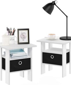 Furinno Andrey, mesita de Noche, Mesa Auxiliar, Madera de ingeniería, Blanco/Negro, Paquete de 2 | Estante abierto y contenedor de almacenamiento, mesita de noche moderna, mesita de noche, para sala de estar, dormitorio