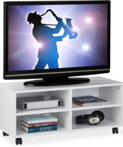 Relaxdays Mueble TV Ruedas con 4 Compartimentos, Mesa Televisión Salón, Tablero de Partículas, 35 x 80 x 35 cm, Blanco
