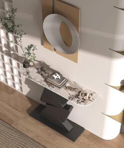 Mesa Consola geométrica Moderna con encimera de Piedra sinterizada | Diseño en media luna, ahorro de espacio, decoración de lujo para recibidor