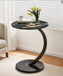Mesa auxiliar en forma de C, mesa auxiliar redonda de 40 x 60 cm, mesa auxiliar de café y té para sala de estar, dormitorio, oficina, fácil montaje (negro)