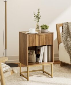 HEYZOEY® Mesita de Noche con cajón, Mesa Auxiliar de 40 cm de Ancho con Compartimento Grande, mesita de Noche Moderna para Dormitorio, salón u Oficina (Acabado de Nogal con Ranuras)