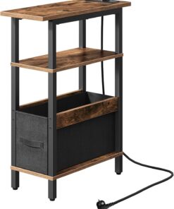 MAHANCRIS Mesita Auxiliar Estrecha, Mesita de Sofá con Base de Carga, Mesilla de Noche Estrecha con Cajón de Tela Extraíble, Mesa Auxiliar Estrecha, para Espacios Pequeños, Vintage Marrón AETHR125UE01