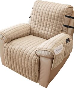 Alishomtll Funda para sillón relax, 1 plaza, con reposabrazos, antideslizante, resistente a los arañazos, con 4 bolsillos y 2 correas ajustables, color beige