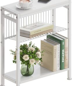 Mesa Auxiliar Estrecha 3 Estantes,Mesita de Noche Estrecha con Soporte para Revistas, Mueble Auxiliar para Sofá Centro Pequeña para Sala de Estar Dormitorio Cocina Balcón Oficina Blanco