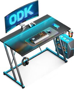 ODK Escritorio para juegos con luces LED y toma de corriente, mesa de juegos con portavasos y gancho para auriculares, escritorio para computadora con diseño de doble marco en Z, escritorio de PC
