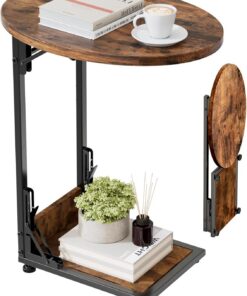 Mutool Mesa auxiliar en forma de C, mesa de sofá redonda plegable con marco de metal, mesa auxiliar pequeña para sala de estar, dormitorio, oficina, marrón rústico y negro
