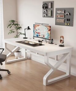 Escritorio Moderno para computadora, Mesa de Estudio, Escritura y Juegos, Patas de Acero en Forma de K, Escritorio Sencillo para PC en Sala o Dormitorio(Blanco,80x60x75cm)
