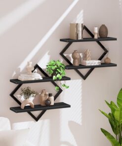 CHOEZON Estanterías Flotantes de Pared, Juego de Estantes de 2 Piezas, Estantes de 2 Niveles, para Sala de Estar, Dormitorio, Cocina, Oficina, Estudio, Negro DTBJ01P2BB