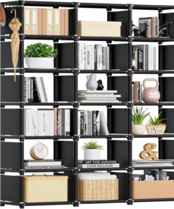 Mavivegue Estantería para libros, organizador de almacenamiento de 18 cubos, organizador de estante para libros, estante alto, estante de cubo negro para dormitorio, oficina en casa, color negro | Organizador de almacenamiento de cubos de bricolaje para dormitorio, sala de estar, oficina en casa, color negro