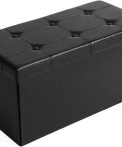 SONGMICS Puff Almancenaje, Banco Almacenaje, Capacidad de 80 L, Capacidad de Carga 300 kg, Tapizado PVC, Acolchado, para Sala de Estar, Dormitorio, Entrada, Negro LSF105