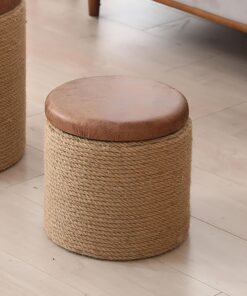 Taburete rústico de Madera Maciza con Almacenamiento, Banco Zapatero de Cuerda de cáñamo Tejido a Mano, otomana Suave Multifuncional para Sala de Estar, reposapiés, Entrada, dormit