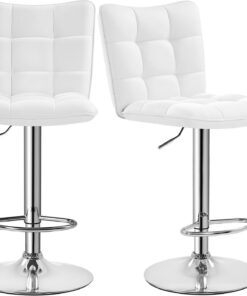 Yaheetech 2 Taburetes de Bar Sillas Giratorias de Piel Sintética Blanco | Silla Alta con Respaldo y Reposapiés, Tejido Acolchado, Ajustable y Giratorio 360°, para Desayuno, Mostrador, Cocina y Hogar