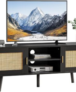 Mueble para TV de 120 x 40 x 49 cm, mueble bajo para TV con 2 puertas y 2 estantes abiertos, mueble de ratán para TV de hasta 55 pulgadas, mueble para TV para salón, comedor, dormitorio, negro