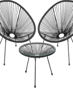 Shally Dogan Freddy - Juego de decoración de jardín de polirratán de Dos plazas con Mesa, 2 sillones de Huevo, 1 Mesa de Exterior, salón, Patio, balcón, Restaurante, bistró, Bar (Negro)