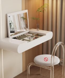 Mesa de Maquillaje Flotante de Madera Maciza con Espejo abatible, tocador de Pared para Espacios pequeños, Almacenamiento por Zonas, Tablero Espacioso(White,80cm/31.5in)