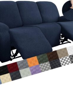 YEMYHOM Funda elástica de 8 piezas para sofá reclinable, jacquard con bolsillo lateral, antideslizante, 3 fundas para muebles con parte inferior elástica (grande, azul marino)