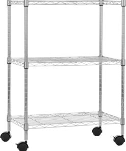 Amazon Basics Unidad de almacenamiento estrecha de 3 baldas con ruedas con estantes ajustables en altura y patas niveladoras, peso máximo de 340 kg, Cromado, 34 x 58.9 x 83.2 cm (D x W x H)