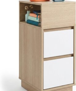 Relaxdays Mesita de Noche, 2 cajones, Compartimento Abierto, Natural/Blanco | (Al x An x Fon) 64 x 24 x 30 cm, dormitorio, mesita de noche