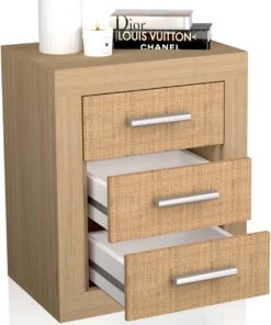 duehome | Mesita de Noche, Mesilla de Dormitorio, Modelo Kira, Acabado en Color Tofe y Textil, Medidas: 50 cm (Largo) x 34,6 cm (Fondo) x 60 cm (Alto)