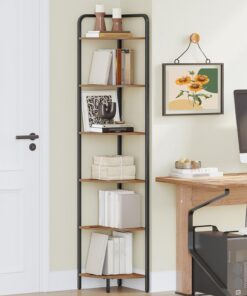 Hzuaneri Estantería Esquinera, Librería Esquinera, Organizador de Baño, Estantería para Plantas, Estantería de Hierro, para Salón, Cocina, Estilo Moderno, 6 Niveles Marrón Rústico y Negro CS06601B