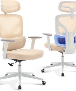 Garvee Silla Escritorio Ergonómica con Base Metálica Blanca | Con Soporte Lumbar Ajustables,Reposacabezas y Apoyabrazos,Malla Giratoria Beige,Reclinable(90°-135°),Móvil,Carga máx.136 kg