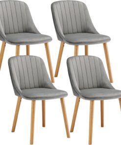 Juego de 4 sillas de comedor de poliéster para cocina, sillas tapizadas para sala de estar con patas de madera, color gris claro