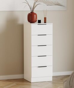 Vida Designs Trega - Cómoda Estrecha de 5 cajones, Color Blanco, Unidad de Almacenamiento Delgada para Ahorrar Espacio, 90 x 34,5 x 36 cm, Soporte antiarco, Asas Negras, Corredores deslizantes, para