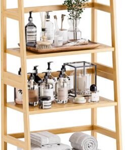 HITNET Estantería de Escalera, Librería de 4 Niveles, Estantería de Almacenaje de Pie, Estante de baño de bambú, para Salón, Dormitorio, Cocina, Oficina en Casa, Natural