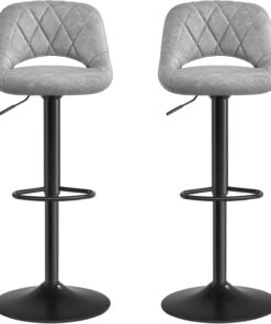 SONGMICS Taburete de Bar, Juego de 2, Sillas de Cocina con Marco de Metal Estable y Cubierta de Cuero Sintético, Reposapiés, Altura de Asiento Ajustable, Fácil Montaje, Vintage, Gris Claro (LJB072G03)