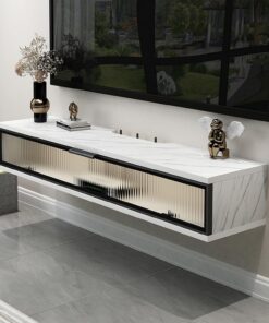 Mueble TV Flotante Con Cajones, Suspendido, Consola de TV de Pared Moderno Para Sala de Estar y Dormitorio (Mármol Blanco, 100x23x20.2CM)