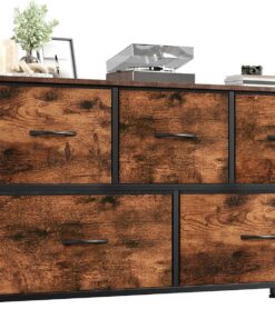 Somdot Comoda Dormitorio, Cajonera con Cajones de Tela, Armario para Salón, Estudio y Habitación Infantil, Gavetero, 30 Profundidad x 100 Ancho x 55 Alto (5 Cajones), Estampado de veta de Madera | Cómoda ancha, cómoda de tela, sala de estar y armario, parte superior de madera, marco de metal