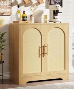 Moderno aparador de ratán para bufé, mesa consola de madera natural de 4 puertas con gran almacenamiento, estante interior, acento para sala de estar, comedor, entrada, pasillo, color madera