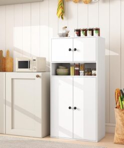 GIANTEX Librería de Pie con 4 Puertas, Estantería de Almacenamiento con Estante Ajustable y Compartimento Abierto, 54 x 30 x 111 cm, Mueble Auxiliar para Salón, Cocina, Baño (Blanco)