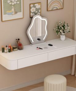 Tocador Flotante de Madera Maciza con cajones, Mesa de Maquillaje montada en Pared Totalmente ensamblada,Escritorio con Esquinas Redondeadas,Solo Mesa(White+Wood Top,60cm/23.6in)