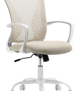 SONGMICS Silla de Malla, Silla de Oficina Giratoria, Altura Ajustable, Función de Inclinación, Respaldo y Asiento Transpirable, para Estudio, Oficina, Carga de 120 kg, Beige Capuchino OBN022K01