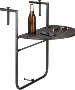 Relaxdays Mesa Plegable Balcón Colgante Bastian, 3 Alturas, Mesilla Efecto Ratán, Tablero de 60x40cm, Barandilla, Marrón