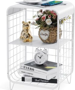APEXCHASER Bonita mesa auxiliar de metal de 3 niveles con almacenamiento, mesita de noche vintage, muebles de dormitorio de niñas, mesa auxiliar para sala de estar, dormitorio, color blanco