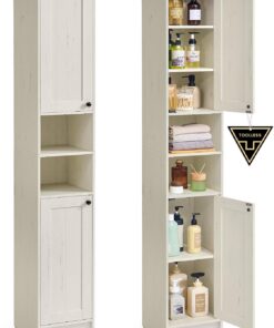 SONGMICS Home Mueble de Baño Estrecho, Snapsemble Montaje Super Rápido, Mueble Compacto con Estantes Ajustables para Salón y Entrada, 30 x 30 x 170 cm, Blanco Rústico BBC667WJ01