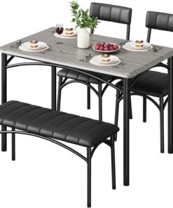 Mesa de comedor con 1 banco tapizado y 2 sillas tapizadas, juego de 4 piezas, mesa de cocina y sillas para 4, para comedor pequeños espacios
