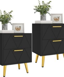 YITAHOME Juego de 2 mesitas de Noche de 2 cajones, mesita de Noche pequeña con Almacenamiento, mesita de Noche para Sala de Estar, Dormitorio, Oficina, Negro y Dorado, 40 x 30 x 52 cm, Negro y Dorado